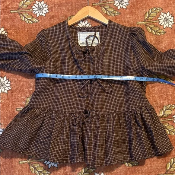 notPERFECTlinen Lourdes Top Chocolate Check S/M Women's Top - Picture 3 of 7
